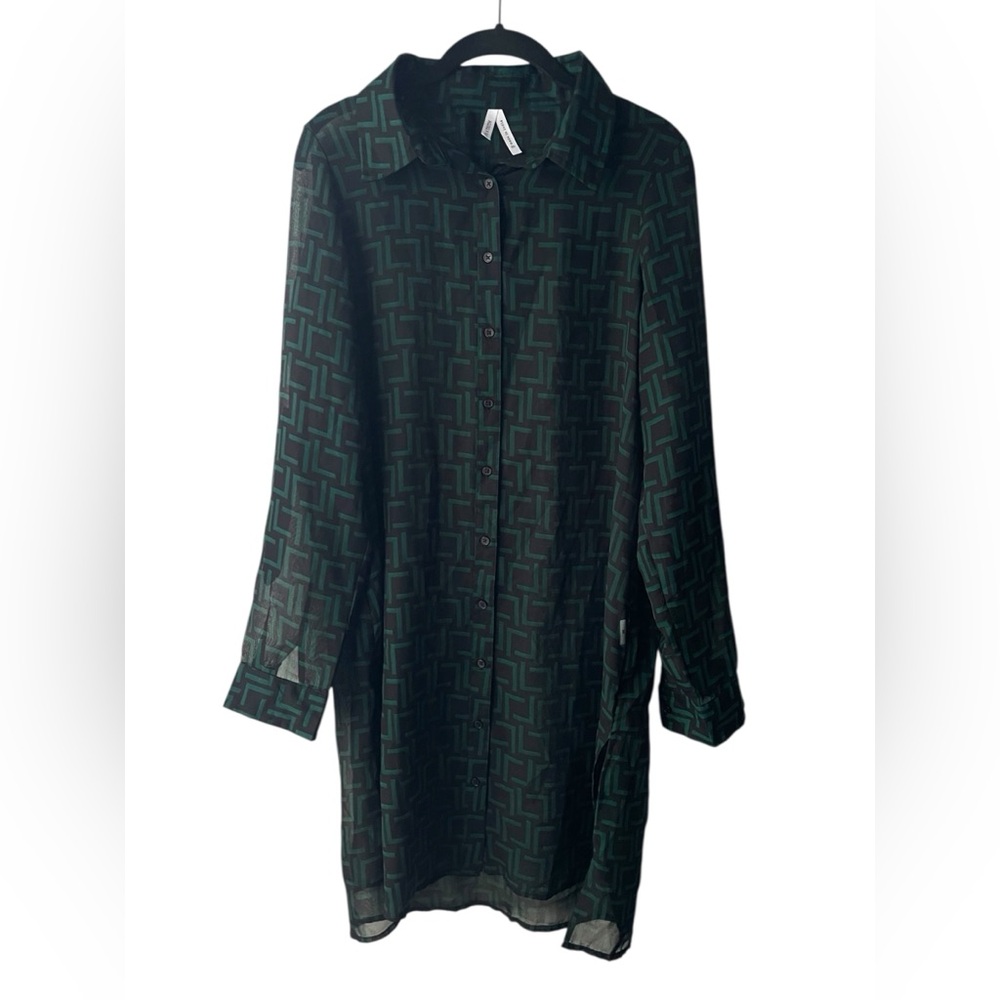 Sheer Green Geometric Print Shirt Dress – Size Medium
